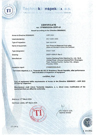 Certification ADR (Soupape de pied sans pression équilibrée) 