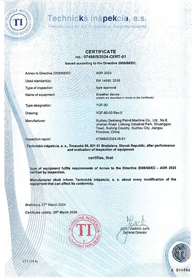 Certification ADR (Dispositif d'aération)